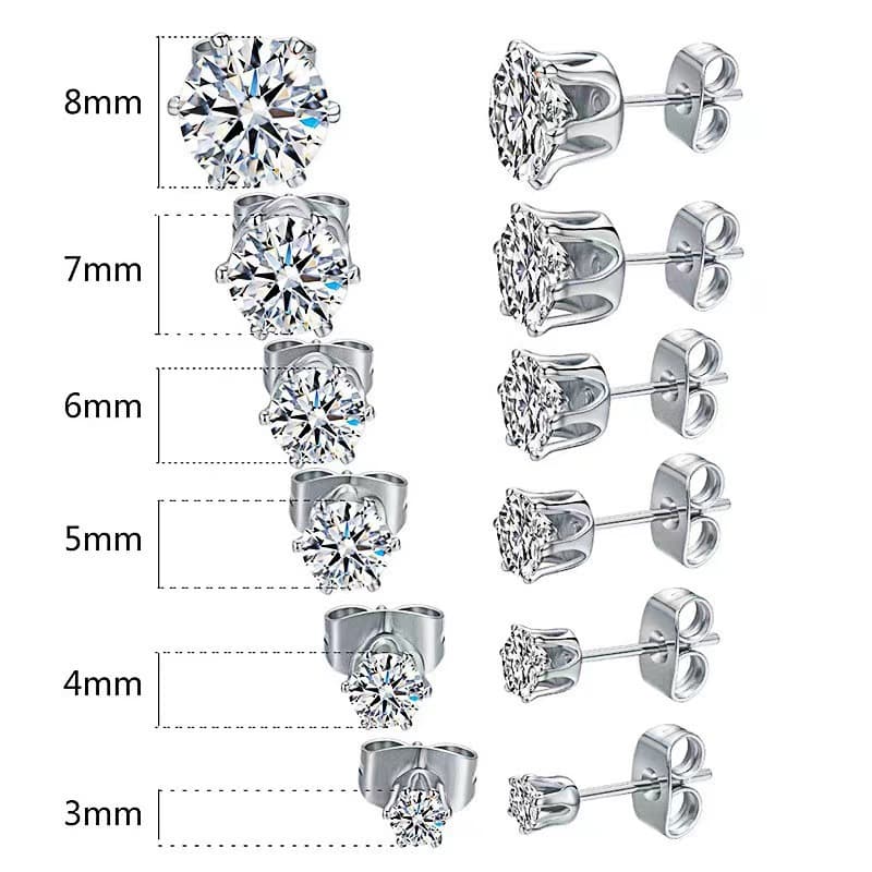 New Six-Claw Round Zircon Earrings 3mm 8mm Metal Earrings Women's Jewelry High-End Natural Simplicity